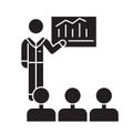 Business conference, mentor teaching black vector concept icon. Business conference, mentor teaching flat illustration