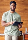 Business, confidence and portrait of Indian man with tablet in office, startup ceo or owner at hr company. Happiness