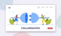 Business Connection, Collaboration Landing Page Template. Tiny Business Characters Connecting Huge Plug and Outlet