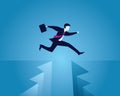 Businessman taking risk jumping over gap, vector illustration