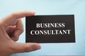 Business consultant, text words typography written on paper against blue background, life and business motivational inspirational