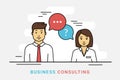 Business consulting and corporate solution with question and idea speech bubbles on gray