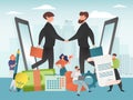 Business contract agreement vector illustration. Businessmen shake hands. Handshake as partnership concept. Document Royalty Free Stock Photo