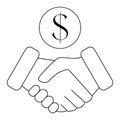 Business contract icon. Handshake, partners, round coin with dollar sign. Business concept partnership, trust and collaboration.