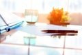 Business contract with pen is ready to sign. A glass of water Royalty Free Stock Photo