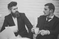 Business conversation. Business partners, businessmen discuss business at meeting in office. Bearded boss in suit holds