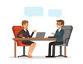 Business conversation. Man and woman at the table. Vector concept picture in cartoon style Royalty Free Stock Photo