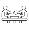 Business conversation thin line icon. Exchange, two businessman talk at desk symbol, outline style pictogram on white