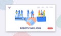 Business Cooperation with Robots Landing Page Template. Human and Cyborg Team Characters Handshake, Successful Deal