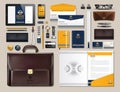 Business corporate identity items set. Vector working articles portofolio, glasses, phone, tablet, maps with brand logos