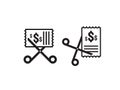 Business cost reduction icon. Money dollar decrease symbol. Scissors cuts discounts coupon icon in white background. vector illust