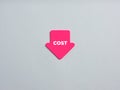 Business costs are falling down or decreasing. Arrow shaped note paper with the word cost