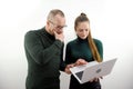 business couple on laptop computer surprise close rock another man with glasses horror incomprehensible experience