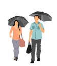 Business couple on the rain walking the street after work vector illustration isolated on white. Royalty Free Stock Photo