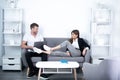 Business couple relax in office. Talking business people. Business couple, professional occupation. Portrait of two Royalty Free Stock Photo