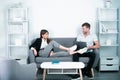 Business couple relax in office. Talking business people. Business couple, professional occupation. Portrait of two Royalty Free Stock Photo