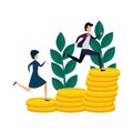 Business couple running in coins and plants
