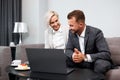 Business coworkers discuss ideas, sit with laptop Royalty Free Stock Photo