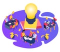 Business creative idea during teamwork vector illustration. Cartoon tiny people meeting and brainstorming together Royalty Free Stock Photo