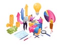 Business creative teamwork and development data analysis isometric vector illustration. Financial report and strategy.