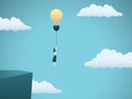 Business creativity vector concept with business woman flying off a cliff with lightbulb. Symbol of innovation Royalty Free Stock Photo