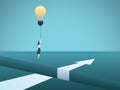 Business creativity vector concept with business woman flying over gap with lightbulb. Symbol of innovation, invention