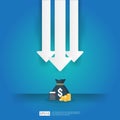 business crisis concept. money fall down with arrow decrease symbol. economy stretching rising drop, global lost bankrupt. cost Royalty Free Stock Photo