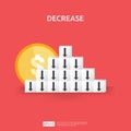 business crisis concept. money fall down with arrow decrease symbol on stacking block. economy stretching drop, global lost Royalty Free Stock Photo