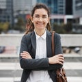 Business, crossed arms and portrait of woman in city on morning commute, journey and travel. Professional, corporate Royalty Free Stock Photo