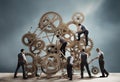 business crowd working on large gears with cogs