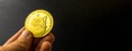 Business crypto currency banner with one golden dogecoin in hand, copy space photo