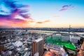 Panoramic modern city skyline bird eye aerial view under dramatic sunset glow in Tokyo, Japan Royalty Free Stock Photo