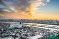 Panoramic modern city skyline bird eye aerial view under dramatic sunset glow in Tokyo, Japan Royalty Free Stock Photo