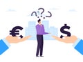 Business currency euro and dollar, vector illustration. Flat finance money banking, exchange cash concept. Man character Royalty Free Stock Photo