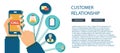 Business customer care service concept. Icons set of contact us, support, help, phone call and website click. Man sitting on the f Royalty Free Stock Photo