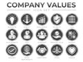 Business 3D Icon Set of Company Core Values. Innovation, Stability, Development, Reliability, Legal, Accountability, Trust, Royalty Free Stock Photo