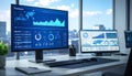 Business Data Analytics Dashboard with Big Data Visualization in Modern Office Workspace Royalty Free Stock Photo