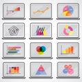 Business data market elements dot bar pie charts diagrams.Graphs flat icons set on notebook. Royalty Free Stock Photo