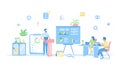 Business data reporting, consulting, analytics, credit report, accounting. Man makes a report in front of a team. Vector