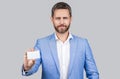 Business deal with emoney. Success of business. selective focus. businessman in suit hold credit card isolated. Business Royalty Free Stock Photo