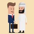 Business deal handshake with Arabic and European businessman. Oil black gold concept. Vector illustration