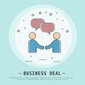 Business deal illustration. Modern flat thin line icon design. Business success. Two businessman and bubbles sign icon