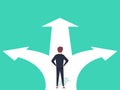 Business decision concept illustration. Businessman standing on the crossroads with two arrows and directions. Royalty Free Stock Photo