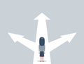 Business decision concept vector illustration. Businesswoman standing on the crossroads with three arrows and directions