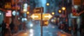 Business decision design concept with a blurred view of a big crowded city street and a lit road sign in focus.