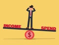 Business Deficit concept. Stressful businessman standing on the unbalanced seesaw between income and spending