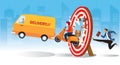 Business delivery breaking target archery to Successful vector. Delivery man drive passed through the target with businessman