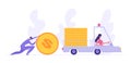 Business Delivery Success Financial Goal Concept with Businesswoman Character Driving Truck Car and Money