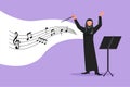 Business design drawing Arab woman music orchestra conductor. Female musician with arm gestures. Expressive conductor directs