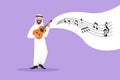 Business design drawing Arabian guy playing on ukulele and singing having fun. Male musician holding small guitar and singing. Man Royalty Free Stock Photo